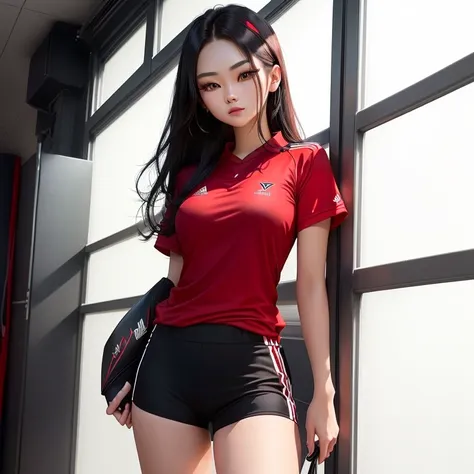 a close up of a woman in a red shirt and black shorts, Wear a volleyball shirt., Black and Red only, Red dress, Professional sports style, red sports clothes, red black, red and black, Sportyบราและเสื้อเชิ้ต, red shirt, in red and black, sports clothes, sp...