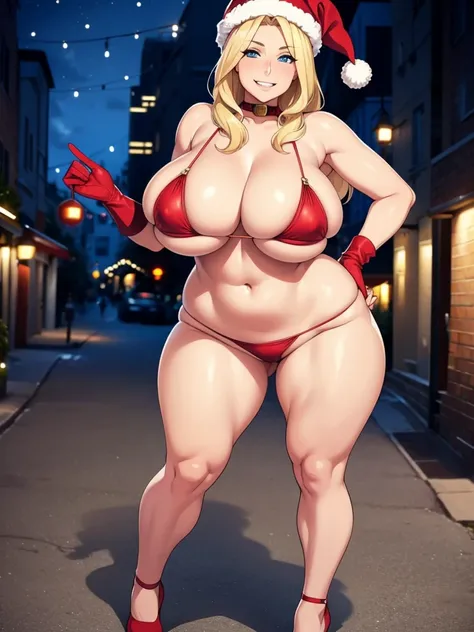 sexy woman, mature milf, huge breasts, large breasts, curvy, voluptuous, blonde hair, blue eyes, long hairstyle, santa microbikini, santa hat, christmas gloves, grinning, standing, full body, solo focus, city street, outdoor, night time