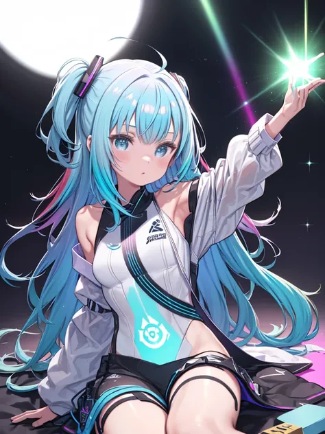 One girl, Idol, cute, Holographic Costumes, No sleeve, Holographic and wavy long hair.break, Game Icon Institute, ((Shiny Hair, Multicolor, Gradient Color Hair:2.0 Laser)), Take a photo sitting on the sofa lighting in the studio, White Background