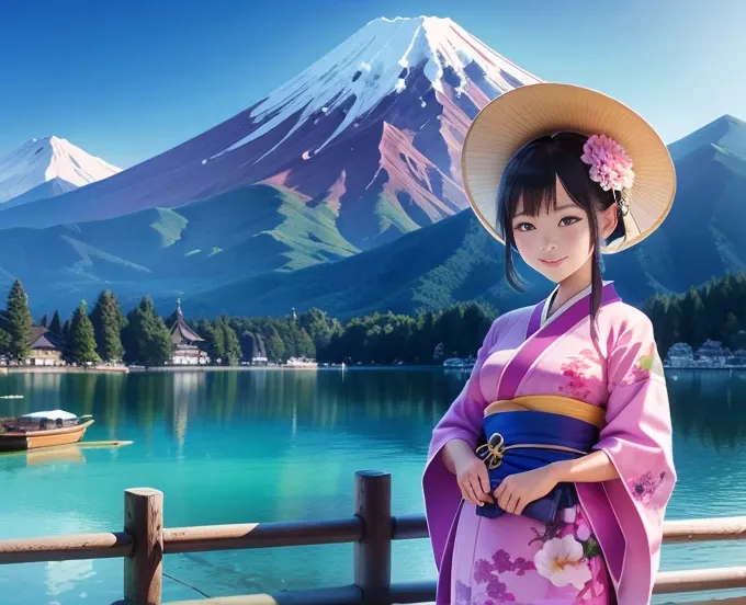 highest quality、Lakeside in front of the mountain、Mt fuji、summer、Daytime、Beautiful blue sky、outside of home、Young girl、Smile on the screen、Detailed beauty、picnic、Open the parasol、kimono、taisho roman 