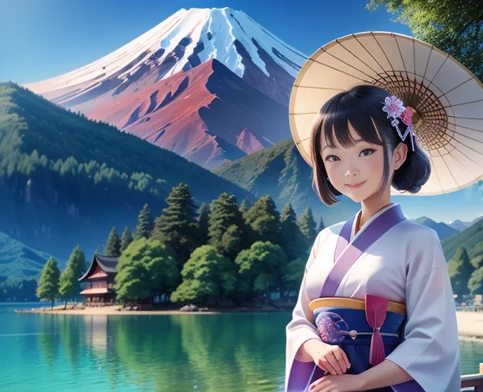 highest quality、Lakeside in front of the mountain、Mt fuji、summer、Daytime、Beautiful blue sky、outside of home、Young girl、Smile on the screen、Detailed beauty、picnic、Open the parasol、kimono、taisho roman 