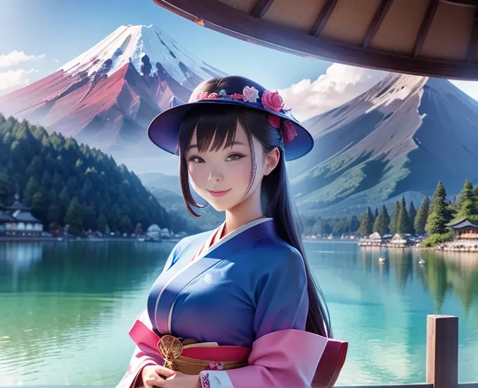 highest quality、Lakeside in front of the mountain、Mt fuji、summer、Daytime、Beautiful blue sky、outside of home、Young girl、Smile on the screen、Detailed beauty、picnic、Open the parasol、kimono、taisho roman 