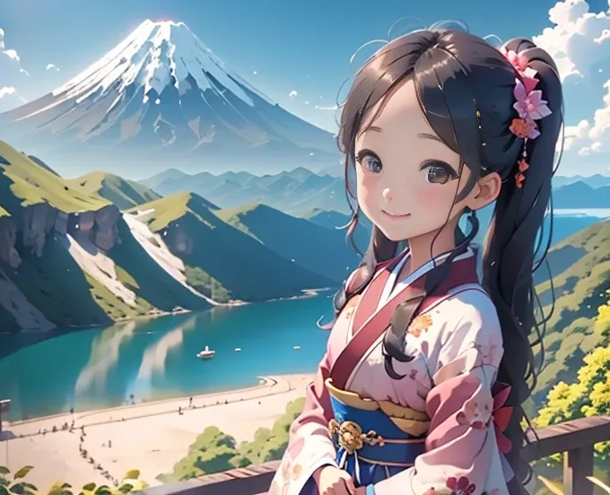 highest quality、Lakeside in front of the mountain、Mt fuji、summer、Daytime、Beautiful blue sky、outside of home、Young girl、Smile on the screen、Detailed beauty、picnic、Open the parasol、kimono、taisho roman 