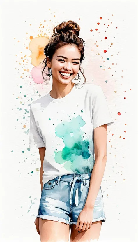 chica  sonriendo arte moderno, minimalismo, contemporary elegance, dreamcore, moda elegante , fusion of watercolor and digital illustration, colores limpios, minimalistas y vibrantes
