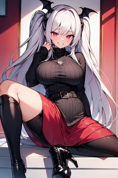  highest quality、4K、masterpiece、Silver Hair、Slanted Eyes、Pink Eyes、Pale skin、vampire、Black long sleeve knit、ruby ​​necklace、Big Breasts、Short skirt、Knee-high boots、sexy、vampireの鋭い牙、Insanity、Cruel smile、attack、Red nails、Bad Smile、sitting in a coffin、Red ful...