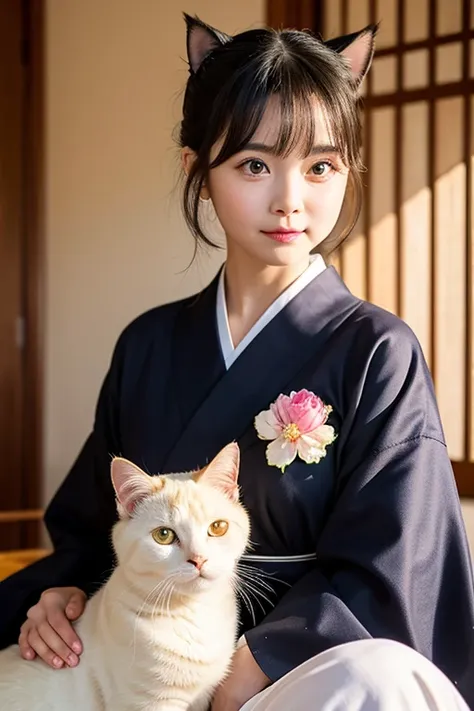 4K, 8k, masterpiece, highest quality, Upper Body, One Girl, Show Viewer, black, Medium Hair, Golden Eyes,, White kimono, indoor, bright, The actress is 9 years old,White cat next to,Ears are white