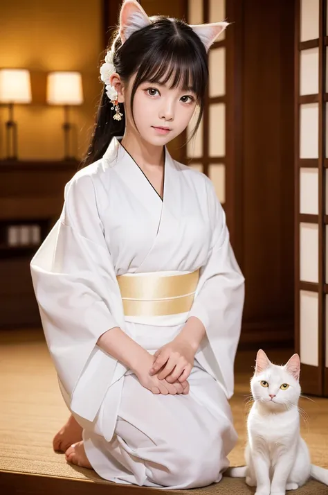 4K, 8k, masterpiece, highest quality, Upper Body, One Girl, Show Viewer, black, Medium Hair, Golden Eyes,, White kimono, indoor, bright, The actress is 9 years old,White cat next to,Ears are white