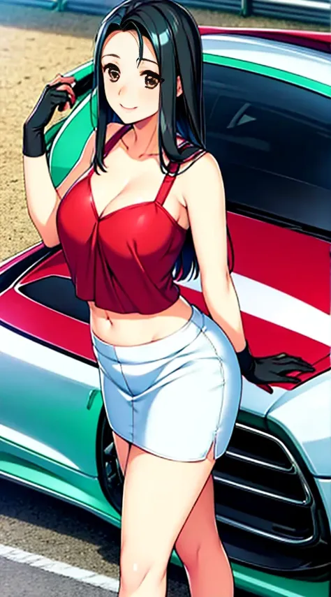 Natsuko Masaki | Doukyuusei Remake, masterpiece, best quality, a woman in a campaign girl outfit and high heels is standing poses for a camera next to the racing car at the racing circuit, 1girl, solo, short skirt, midriff, sleeveless shirt, high heels, br...