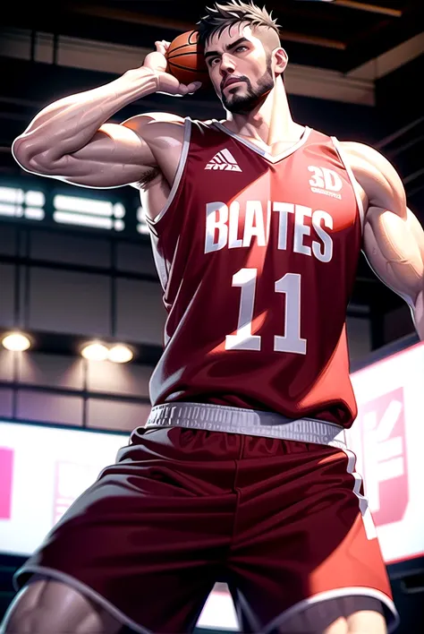 1 man with muscular physique in basketball uniform, detailed face, rugged handsome features, intense expression, dynamic action pose, basketball court background, dramatic lighting, cinematic composition, high-quality 3d render, photorealistic, dslr camera...