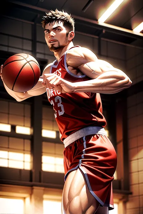 1 man with muscular physique in basketball uniform, detailed face, rugged handsome features, intense expression, dynamic action pose, basketball court background, dramatic lighting, cinematic composition, high-quality 3d render, photorealistic, dslr camera...