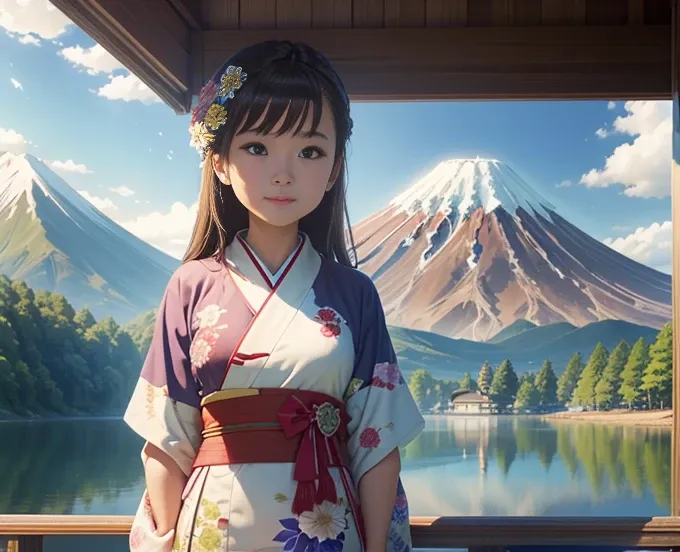 highest quality、Lakeside in front of the mountain、Mt fuji、summer、Daytime、Beautiful blue sky、outside of home、Young girl、Smile on the screen、Detailed beauty、picnic、Open the parasol、kimono、taisho roman 