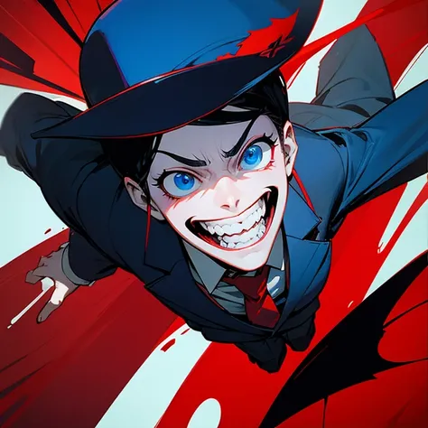 Blue and red as the base、Graphic Novel、Grin、look down、suit、Dark Shadows、2d,Original quality、Novel、crooked、(Originality)