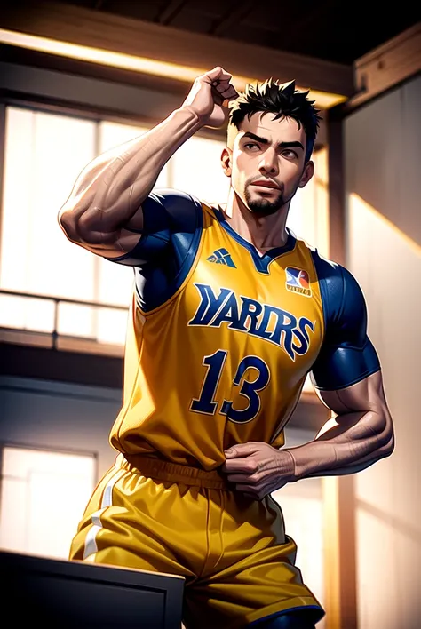 1 man with muscular physique in basketball uniform,golden state warriors uniform,detailed face, rugged handsome features, intense expression, dynamic action pose, basketball court background, dramatic lighting, cinematic composition, high-quality 3d render...