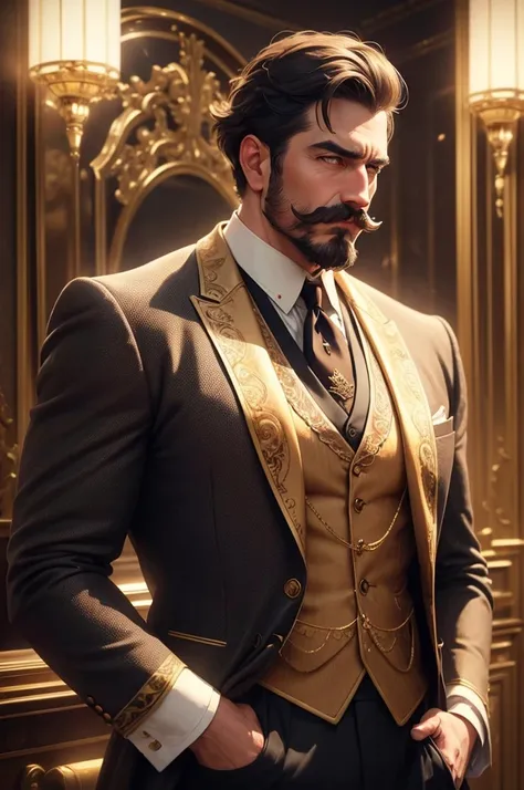 a man with a thick handlebar mustache, elegant gentleman, wearing a vintage suit, standing in a Victorian era setting with ornate decorations, moody lighting, (best quality,4k,8k,highres,masterpiece:1.2),ultra-detailed,(realistic,photorealistic,photo-reali...