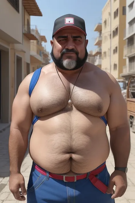 muscular turkish construction worker, muito peludo, peitorais grandes e carnudos, regata, Generate an image of a middle-aged man facing the camera. He has a friendly and expressive appearance. His size is fat and overweight, sofre de obesidade e, Like many...