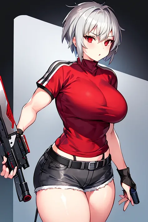 1girl, grey hair, silver hair, gray hair, very short hair, red eyes, serious, glowing eyes, large breasts, thick thighs, mature female, athletic female, toned, short pants, shorts, red shirt, gun, belt, knife