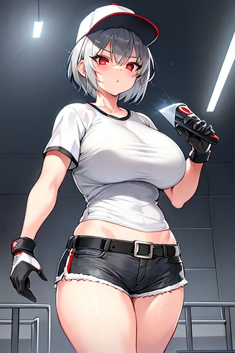 1girl, grey hair, silver hair, gray hair, very short hair, red eyes, serious, glowing eyes, large breasts, thick thighs, mature female, athletic female, toned, short pants, shorts, white shirt, shirt, belt, knife, cap, baseball cap, headphones