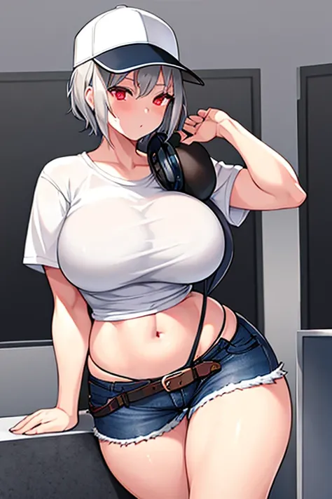 1girl, grey hair, silver hair, gray hair, very short hair, red eyes, serious, glowing eyes, large breasts, thick thighs, mature female, athletic female, toned, short pants, shorts, white shirt, shirt, belt, knife, cap, baseball cap, headphones