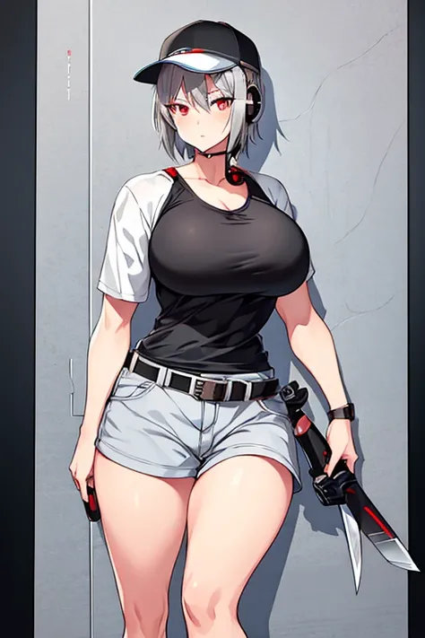 1girl, grey hair, silver hair, gray hair, very short hair, red eyes, serious, glowing eyes, large breasts, mature female, athletic female, toned, short pants, shorts, white shirt, shirt, belt, knife, cap, baseball cap, headphones