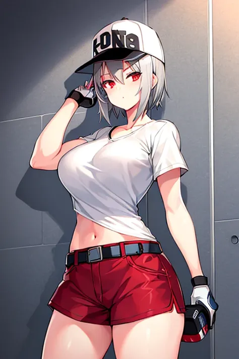 1girl, grey hair, silver hair, gray hair, very short hair, red eyes, serious, glowing eyes, large breasts, mature female, athletic female, toned, short pants, shorts, white shirt, shirt, belt, knife, cap, baseball cap, headphones