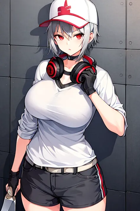 1girl, grey hair, silver hair, gray hair, very short hair, red eyes, serious, large breasts, mature female, athletic female, toned, short pants, shorts, white shirt, shirt, belt, knife, cap, baseball cap, headphones, black hat, black cap