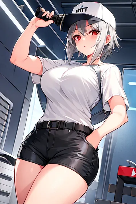 1girl, grey hair, silver hair, gray hair, very short hair, red eyes, serious, large breasts, mature female, athletic female, toned, short pants, shorts, white shirt, shirt, belt, knife, cap, baseball cap, headphones, black hat, black cap