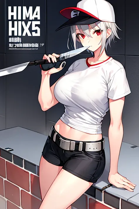 1girl, grey hair, silver hair, gray hair, very short hair, red eyes, serious, large breasts, mature female, athletic female, toned, short pants, shorts, white shirt, shirt, belt, knife, cap, baseball cap, headphones, black hat, black cap