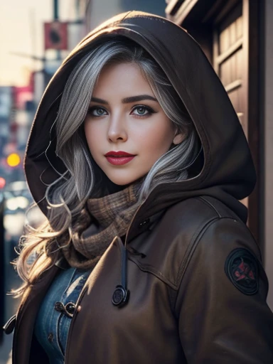 Emily Bett Rickardasterpiece:1.0)、(highest quality:1.2)、(Dark Shot:1.3)、Classic Rogue、1991 Rogue X-Men、1 girl、Only one person、Head to Toe、standing on street corner、Elegant pose、(clothing: Brown winter coat、Brown hood、Down lining、White scarf、gloves、jeans) M...