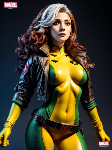 Jessica Alba、masterpiece、High quality 4K、villain (X-Men)、Gothic Girl、Sculpted Body Gothic Makeup、Brown jacket、Yellow and green bodysuit、masterpiece、highest quality、Cowboy Shots、one personの女の子、one person、Technology Military Bodysuit、fringe