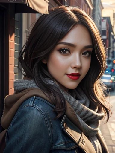 Jessica Alba、(masterpiece:1.0)、(highest quality:1.2)、(Dark Shot:1.3)、Classic Rogue、1991 Rogue X-Men、1 girl、Only one person、Head to Toe、standing on street corner、Elegant pose、(clothing: Brown winter coat、Brown hood、Down lining、White scarf、gloves、jeans) Medi...