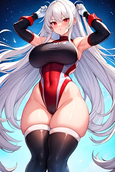 1girl, white hair, long hair, red eyes, serious, glowing eyes, large breasts, thick thighs, mature female, athletic female, toned, one-piece swimsuit, competition swimsuit, long sleeves, sleeves, gloves, black one-piece swimsuit, wet