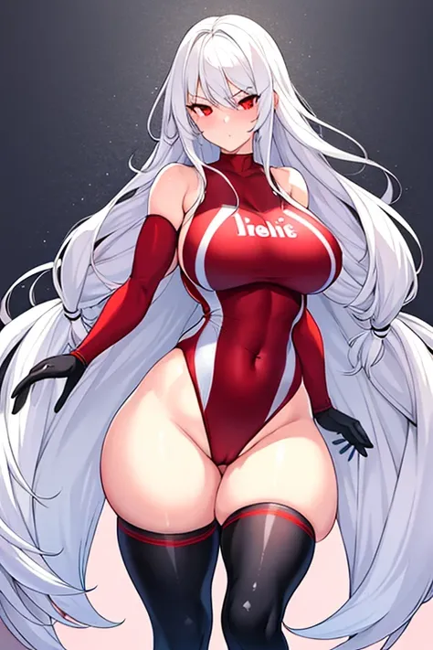 1girl, white hair, long hair, red eyes, serious, glowing eyes, large breasts, thick thighs, mature female, athletic female, toned, one-piece swimsuit, competition swimsuit, long sleeves, sleeves, gloves, black one-piece swimsuit, wet