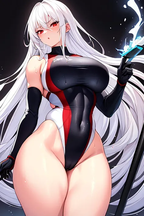 1girl, white hair, long hair, red eyes, serious, glowing eyes, large breasts, thick thighs, mature female, athletic female, toned, one-piece swimsuit, competition swimsuit, long sleeves, sleeves, gloves, black one-piece swimsuit, wet