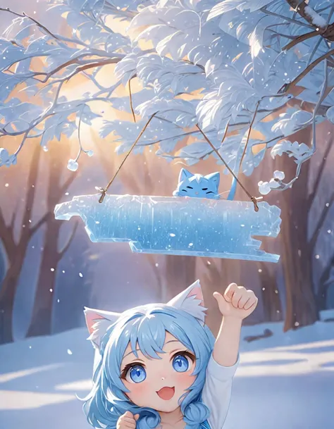 cat girl, chibi, snow queen girl, blue hair, blue eyes, crystal blue dress, reaches for the sign, which hangs on the ice tree, tree covered with ice, Rendering, Anime background art, winner of the pixiv competition, Anime girl with cat ears cute!! chibi!!!...