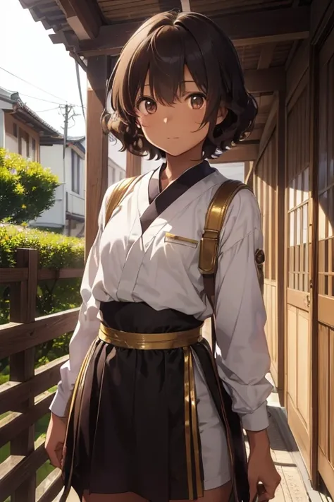 (koyo tamayaki kyoji),(who has a dark brown skin color and brown eyes),(16 years old young),and height 1.80cm and short curly hair and wears clothes of a 5th century emperor with gold details,