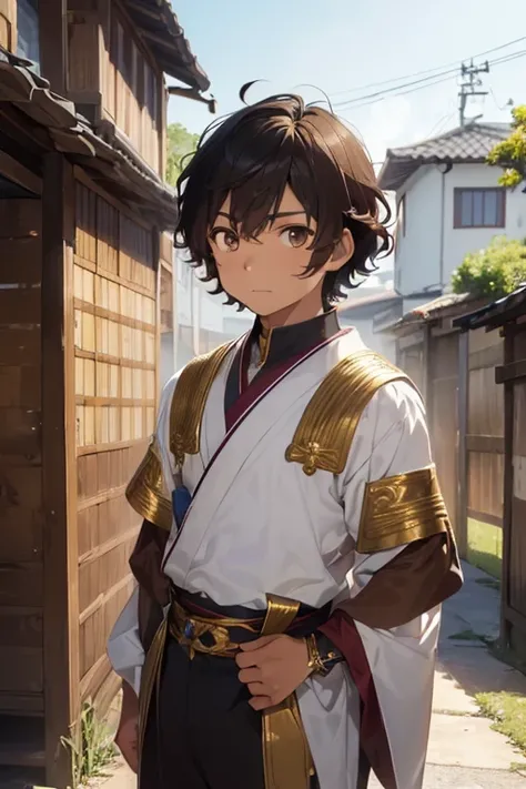 (koyo tamayaki kyoji),(boy),(male gender),(who has dark brown skin and brown eyes),(16 year old young man),(and height is 1.80cm),(and short hair),(and curly Brazilian style),(wears 5th century Emperor style clothes with gold details),(Brazilian nationalit...