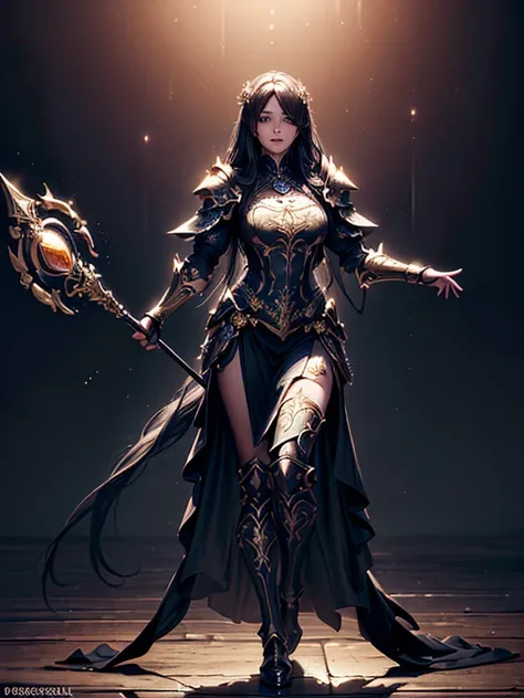 (((masterpiece, best quality, 8k)))A dark and cursed female game character,((perfect face)), wearing ornate Golden+Purle stylish and unique armor, wielding a magic staff, with magic vambraces, magic armored legwear, in a gloomy, atmospheric lighting,(((ful...