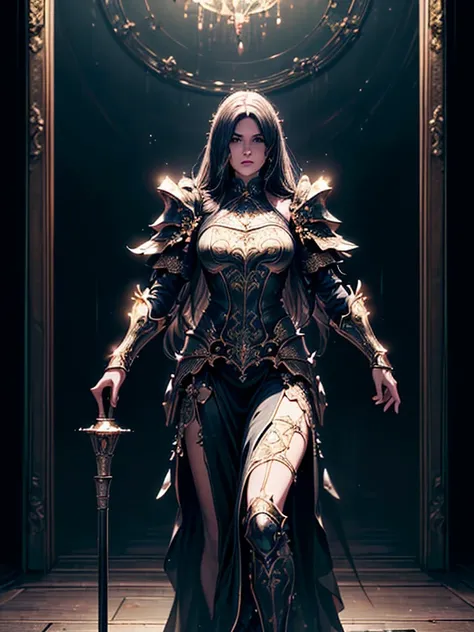 (((masterpiece, best quality, 8k)))A dark and cursed female game character,((perfect face)), wearing ornate Golden+Purle stylish and unique armor, wielding a magic staff, with magic vambraces, magic armored legwear, in a gloomy, atmospheric lighting,(((ful...