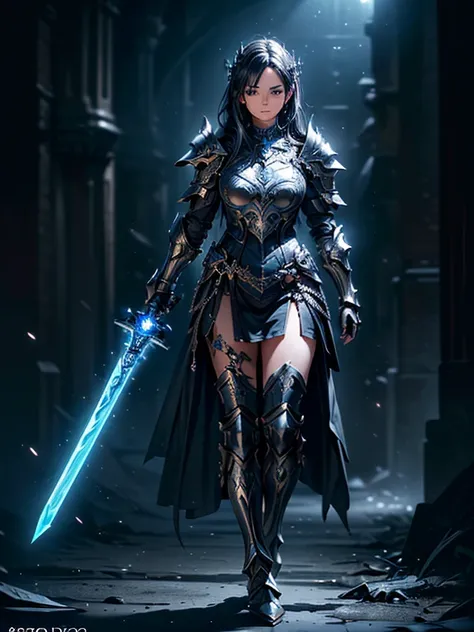 (((masterpiece, best quality, 8k)))a dark and cursed female game character,((perfect face)), wearing ornate silver+blue elegant ...