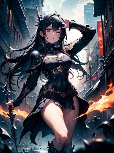 (((masterpiece, best quality, 8k)))A dark and cursed female game character,((perfect face)), wearing ornate black and gold armor, wielding a cursed blade, with dark vambraces and cursed boots, in a gloomy, atmospheric lighting,(((full body shot))), (best q...