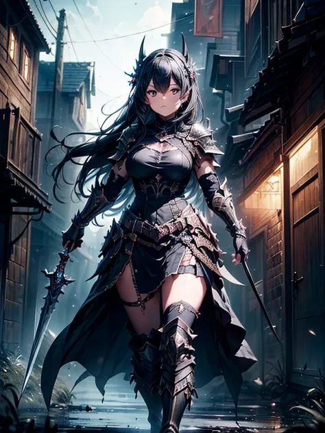 (((masterpiece, best quality, 8k)))A dark and cursed female game character,((perfect face)), wearing ornate black and gold armor, wielding a cursed blade, with dark vambraces and cursed boots, in a gloomy, atmospheric lighting,(((full body shot))), (best q...