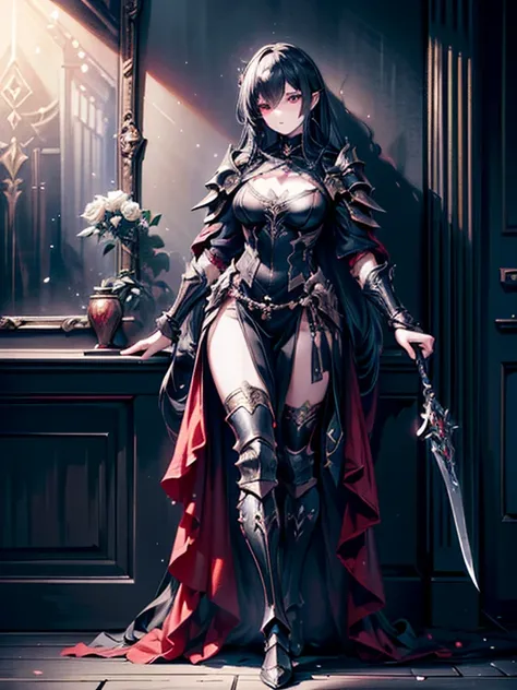 (((masterpiece, best quality, 8k)))A dark and cursed female game character,((perfect face)), wearing ornate black and gold armor, wielding a cursed blade, with dark vambraces and cursed boots, in a gloomy, atmospheric lighting,(((full body shot))), (best q...