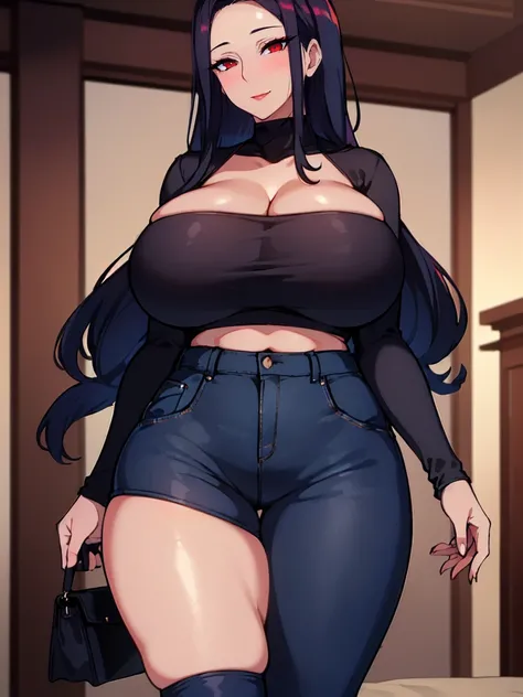 (Uhd, Masterpiece, Textured Skin, Super Detail, High Details, High Quality, Best Quality), 1woman, mature pretty woman, ((Thicc body, wide hips, thick thighs, massive huge breasts)), red eyes, blue straight hair, tall, (Crop black top, jacket, hands in pan...