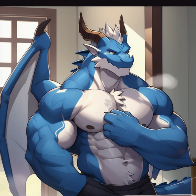 (Blue dragon),black fur,blue scales, two colors, Got a slap on the face, (very Muscular body:1.3), Handsome, OK,(Got a slap on the face), (standing in the room),(Express),Inside the house,(Blue sky and white clouds),(Got a slap on the face:1.2),look at scr...