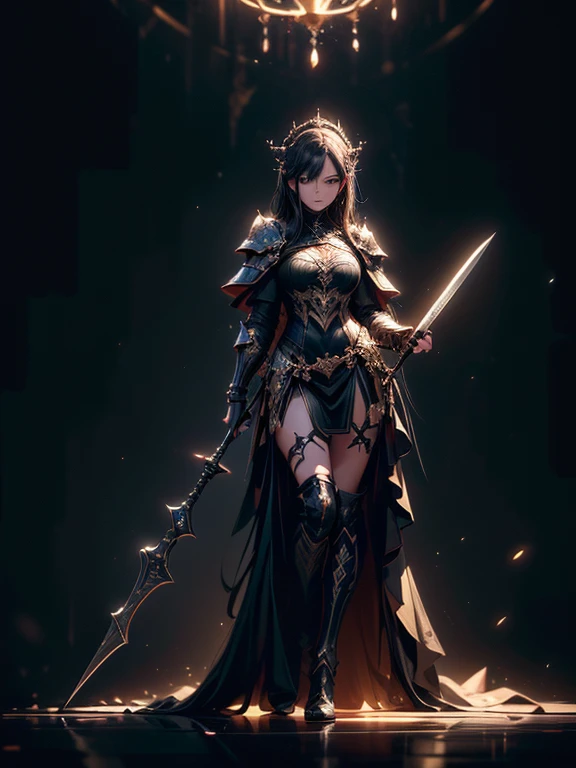 (((masterpiece, best quality, 8k)))A dark and cursed female game character,((perfect face)), wearing ornate black and gold armor, wielding a cursed blade, with dark vambraces and cursed boots, in a gloomy, atmospheric lighting,(((full body shot))), (best q...