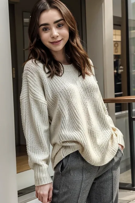 Lily Collins dressed in a sweater and pants and smiling