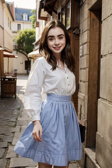 Lily Collins dressed in traditional French clothing and smiling