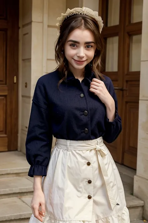 Lily Collins dressed in traditional French clothing and smiling