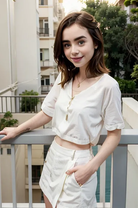 Lily Collins on a balcony dressed in light clothing and smiling