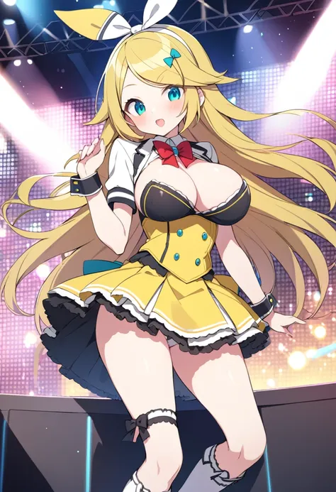 KAGAMINE RIN, long HAIR, BOW, blonde hair., large breasts,, Live Stage, solo nsfw